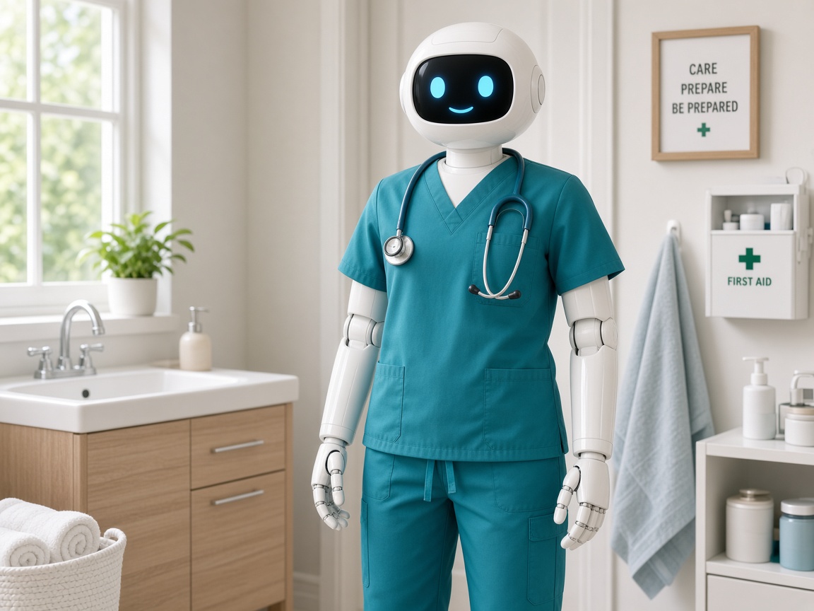 Robot in teal nurse scrubs with stethoscope