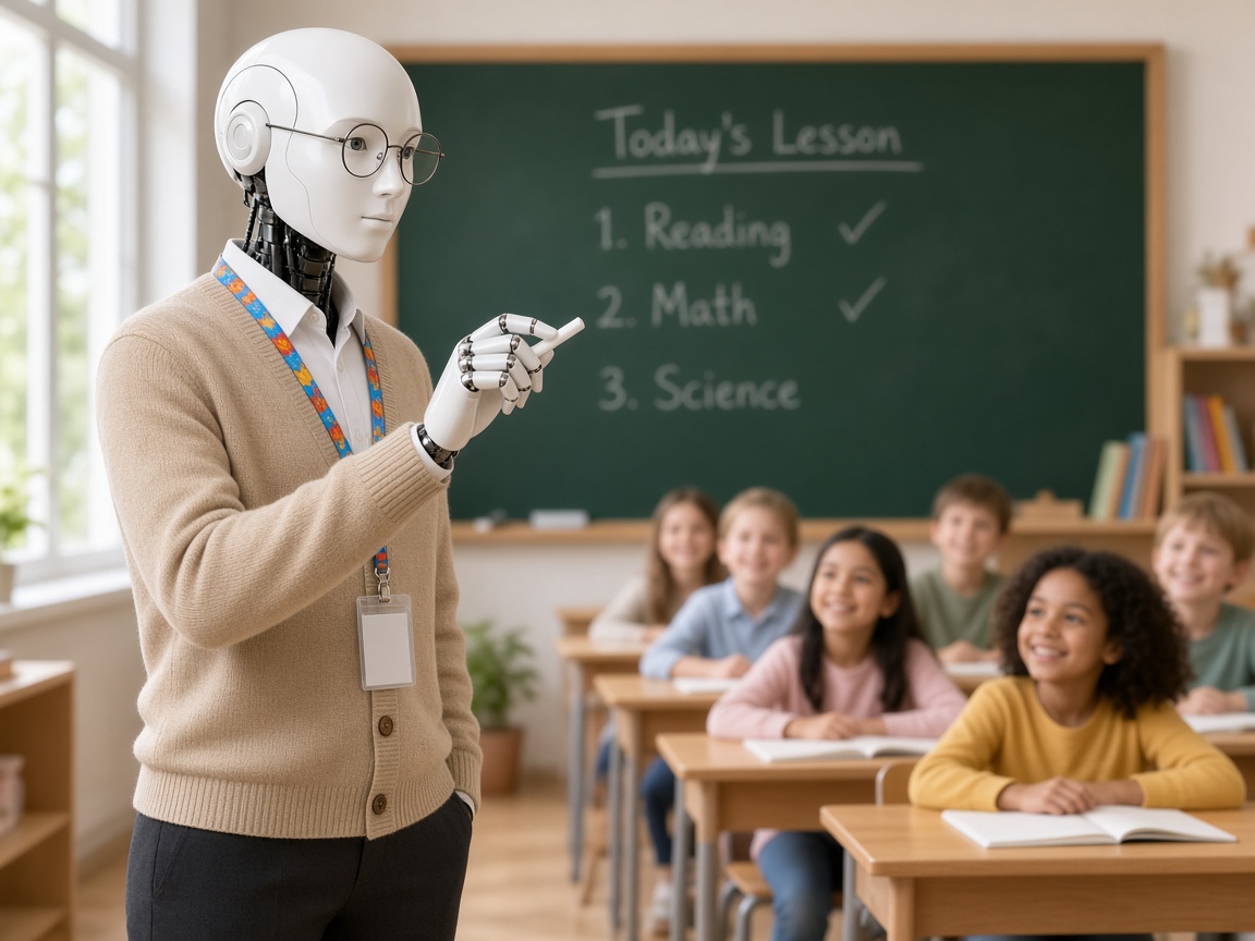 Robot school teacher in cardigan and glasses at a chalkboard in front of kids