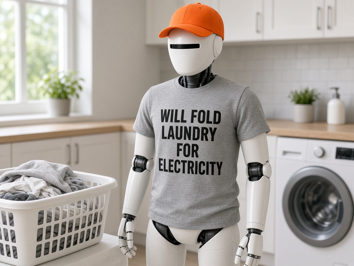 Robot in orange baseball cap and gray tee about folding laundry