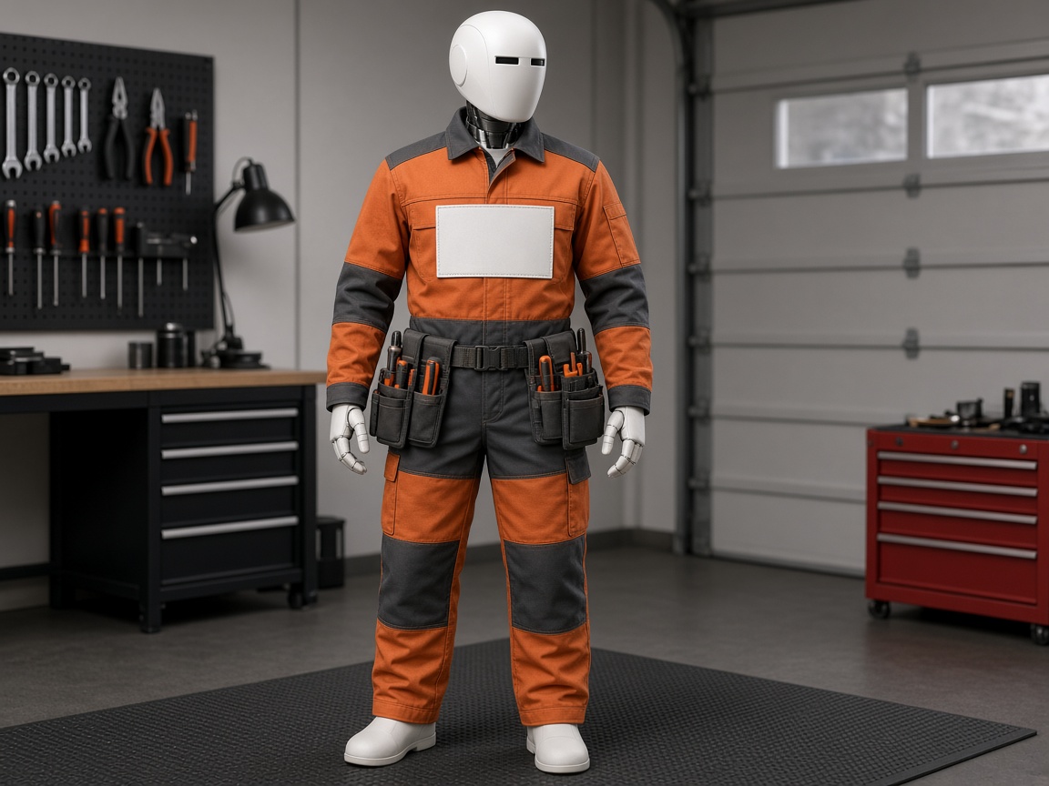 Robot in orange workwear coveralls